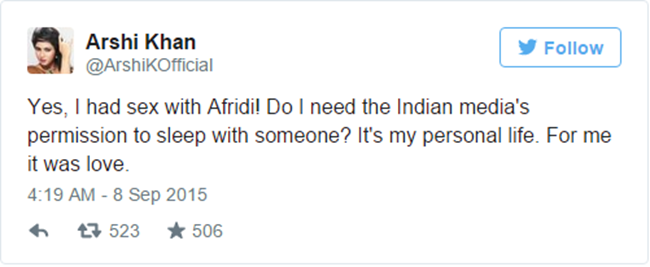 Arshi Khan tweet about Shahid Afridi