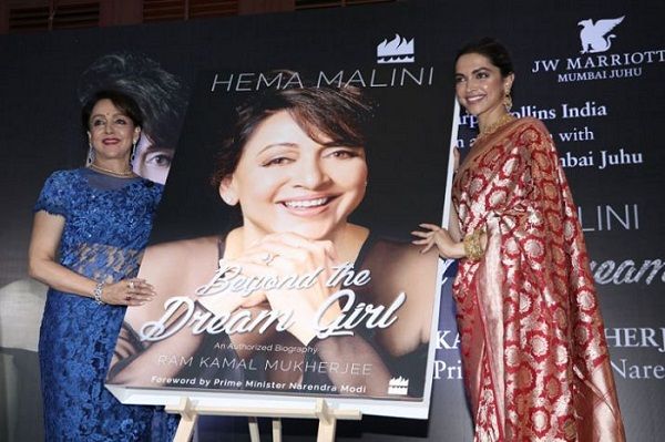 Hema Malini with Deepika Padukone on the launch of her authorised biography