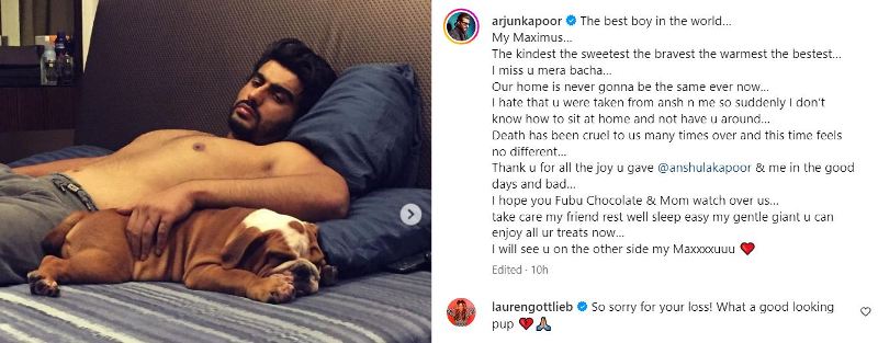 Arjun Kapoor's Instagram post about his pet Maximus