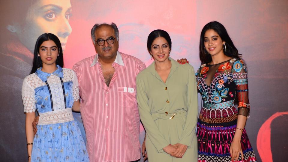 Boney Kapoor with his second wife Sridevi and daughters - Khushi (left most), Jhanvi Kapoor (right most)