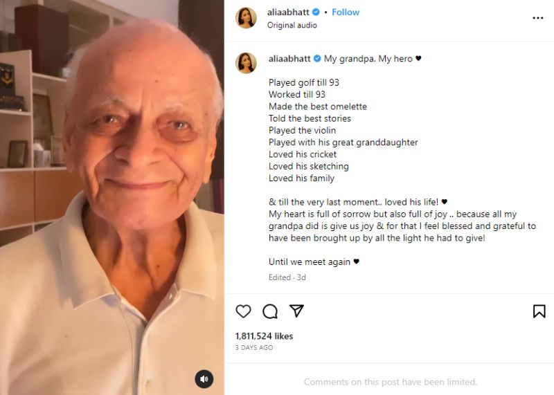 Alia Bhatt's Instagram post about her maternal grandfather, Narendra Razdan