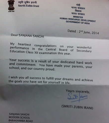Sanjana Sanghi appreciation letter from Smriti Irani