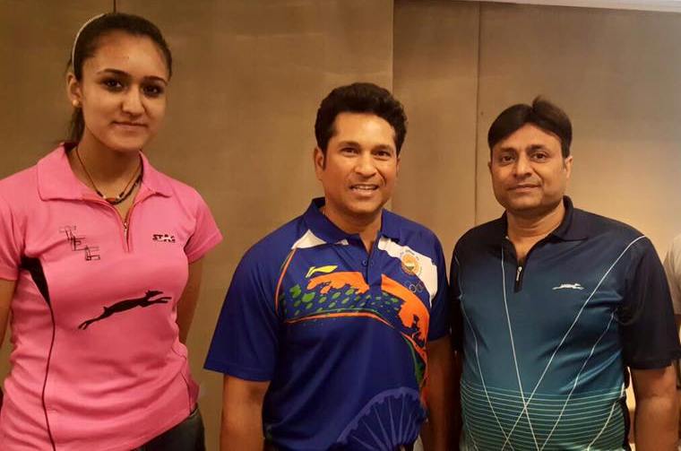 Manika Batra With Sachin Tendulkar and Coach Sandeep Gupta
