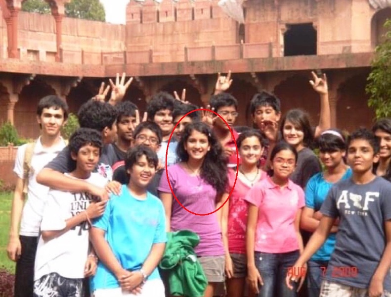 Radhika Merchant (in red circle) as a teenager during a school trip