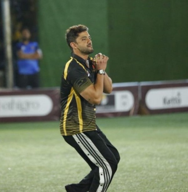 Zaheer Iqbal bowling in the Celebrity Cricket League