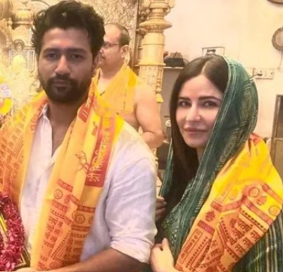 Katrina Kaif with her husband, Vicky Kaushal, during their visit to Siddhivinayak temple
