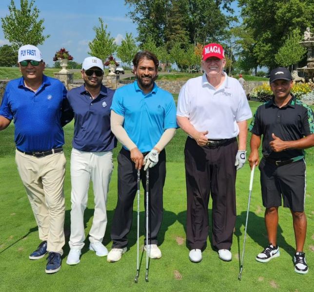 Mahendra Singh Dhoni with Donald Trump and others at the Trump National Golf Club Bedminster