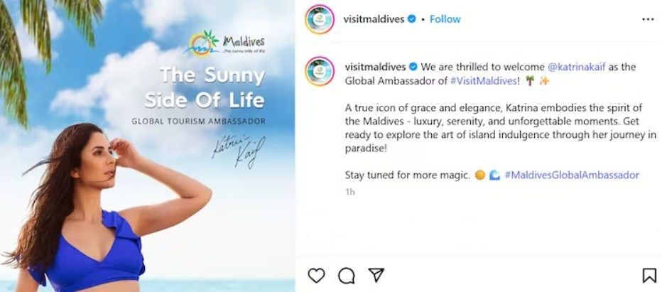 Maldivian official tourism Instagram page announcing Katrina Kaif's appointment as the Global Tourism Ambassador