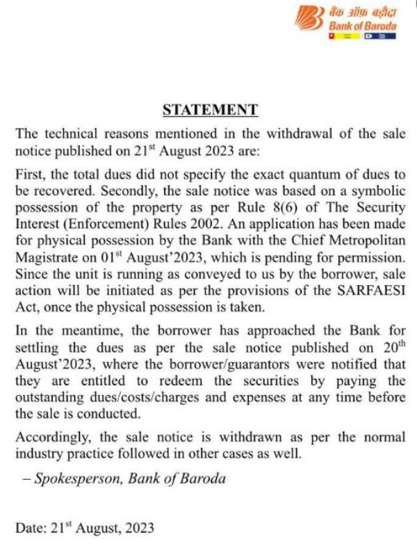 The Bank of Baroda's statement on the withdrawal of the auction of Sunny Villa