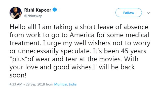 Rishi Kapoor's tweet on his health