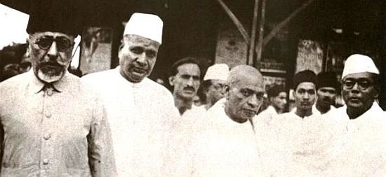 Sardar Patel with Maulana Abul Kalam Azad (extreme left) and Subhas Chandra Bose (Extreme Right)