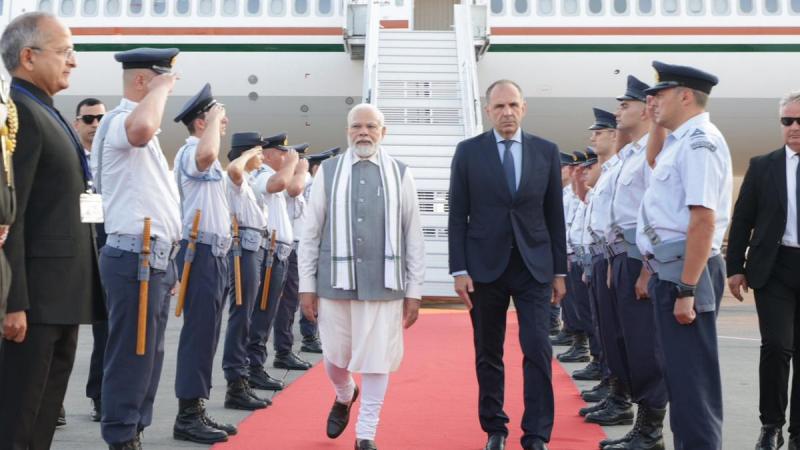 25 August 2023: Narendra Modi being received by Greece’s Minister of Foreign Affairs George Gerapetritis upon his arrival at Athens International Airport, Greece