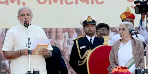 Narendra Modi taking oath as the CM of Gujarat