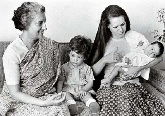 Rahul Gandhi sitting beside his grandmother Indira Gandhi and mother Sonia Gandhi and sister Priyanka Gandhi