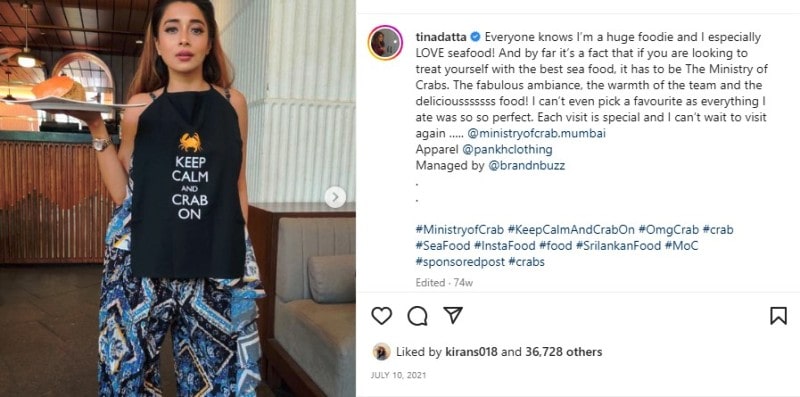 Tina Datta's Instagram post on sea food