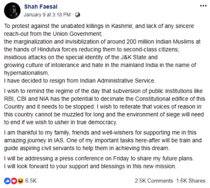 Shah Faesal's Facebook Post of His Resignation