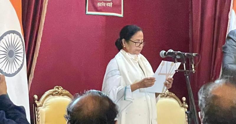 Mamata Banerjee being sworn in as the Chief Minister of West Bengal for the third time in a row