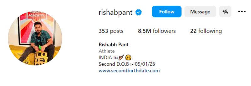 Rishabh Pant's Instagram bio about his second date of birth