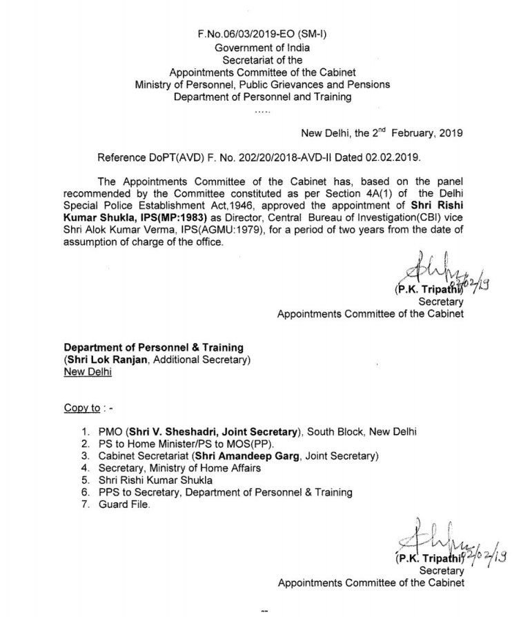Rishi Kumar Shuklas Appointment Letter As CBI Director