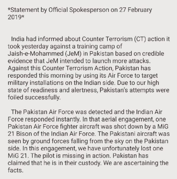Statement Of The Indian Government On The Missing IAF Pilot On 27 February 2019