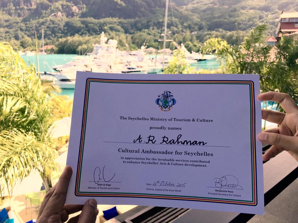 A R Rahman as the Cultural Ambassador for Seychelles