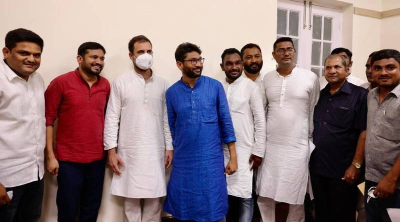 Kanhaiya Kumar (2nd from left) after joining the Indian National Congress in New Delhi on 28 September 2021