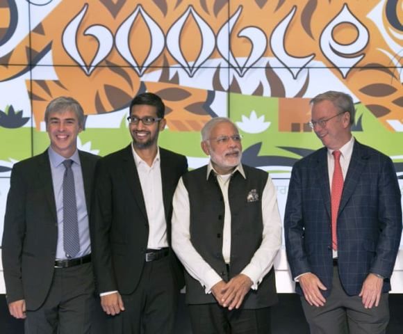 Sundar Pichai with Narendra Modi and Eric Schmidt