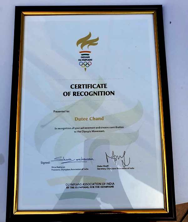 Certificate of Recognition to Dutee Chand By The Olympians Association of India