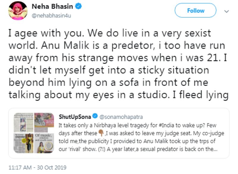 Neha Bhasin's Tweet about Anu Malik