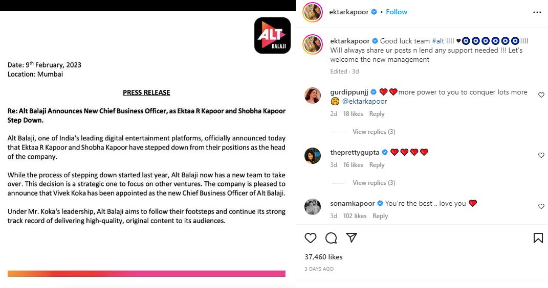 Ekta Kapoor's Instagram post about her decision to quit ALTBalaji as its head