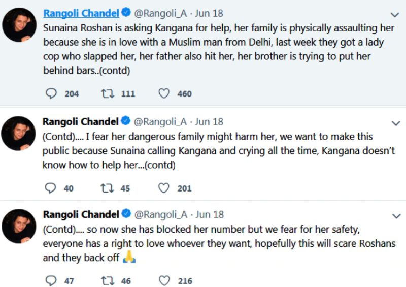 Rangoli Chandel Tweets On Sunaina Roshan