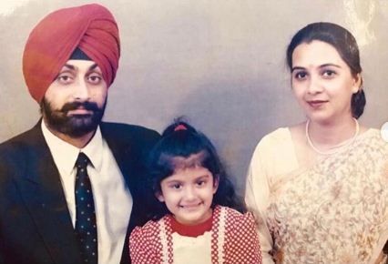 Childhood image of Nimrit Kaur Ahluwalia with her parents