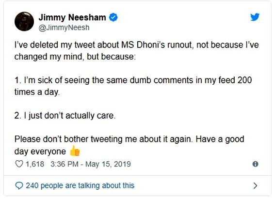 James Neesham's tweet about MS Dhoni