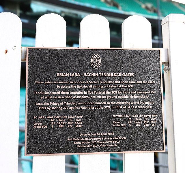 Sachin Tendulkar and Brian Lara's gate unveiled at the Sydney Cricket Ground on 24 April 2023