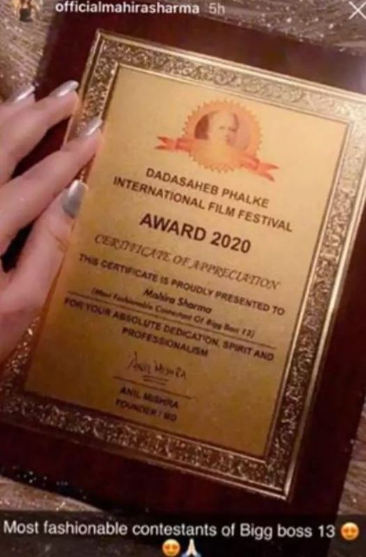 Mahira Sharma's Forged Dadasaheb Phalke Award