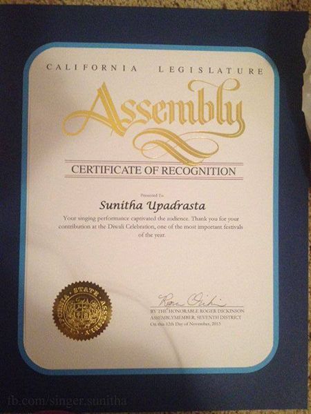 Sunitha Upadrashta's Certificate of Recognition by California Legislature Assembly