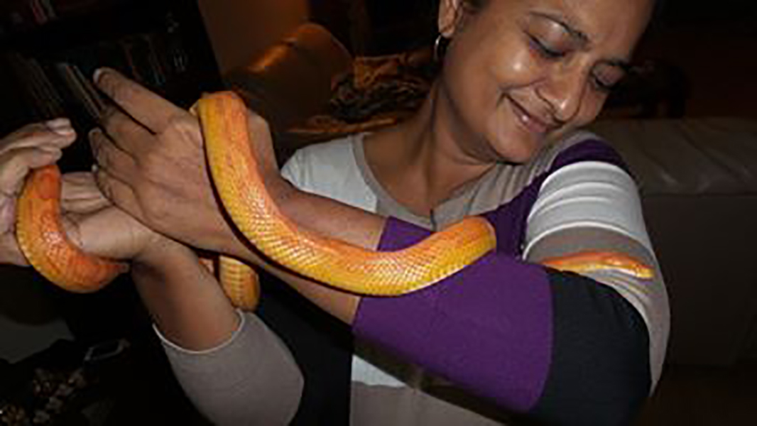 Vijaya Chamundeshwari with her pet snake