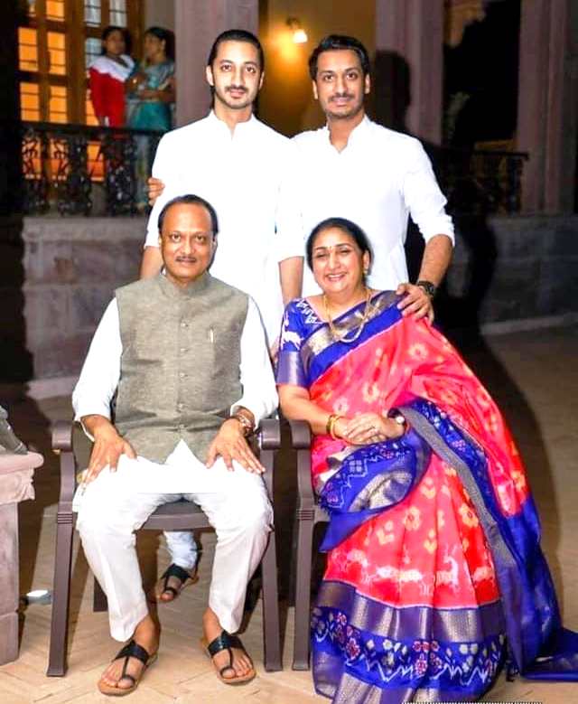 Ajit Pawar with his wife Sunetra Pawar, and his sons Jay Pawar (top left) and Parth Pawar (top right)