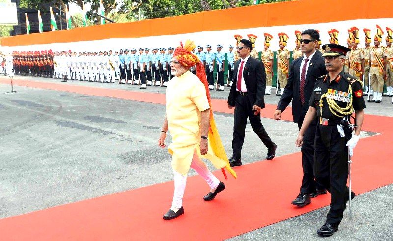 Manoj Mukund Naravane (extreme right) escorting Narendra Modi