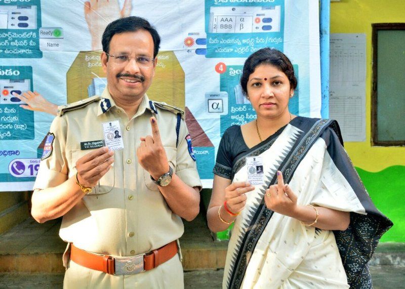 V C Sajjanar and his wife Anupa after casting their votes