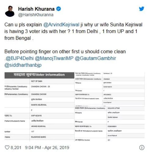 Harish Khurana's Tweet on Sunita Kejriwal's Voter IDs