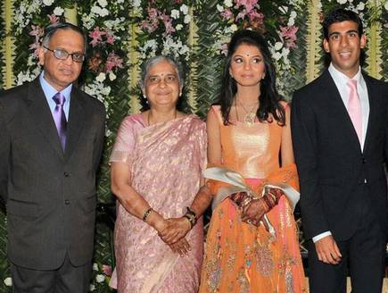 A picture of Rishi Sunak and his wife, Akshata Murty, and his in-laws- N. R. Narayana Murthy (father-in-law) and Sudha Murthy (mother-in-law)