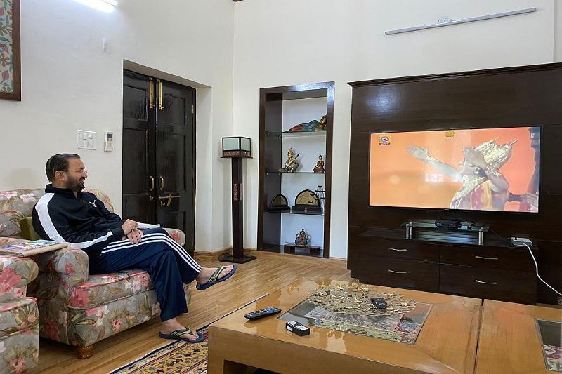 I&B Minister of India Prakash Javadekar watching Ramayan at his home after its re-telecast on Doordarshan in March 2020
