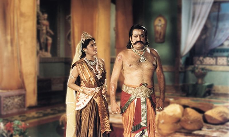Ravan (played by Arvind Trivedi) with his wife Mandodari in a still from Ramayan
