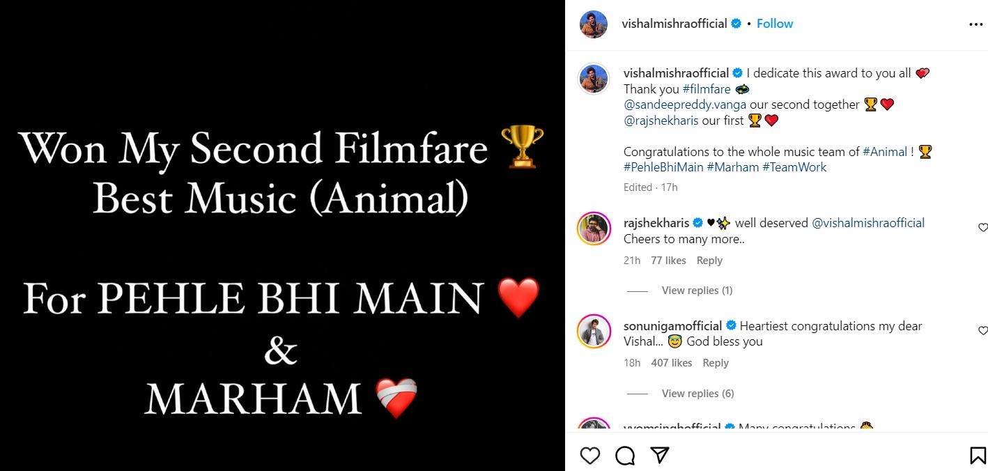 Vishal Mishra's Instagram post about winning the 69th Filmfare Award