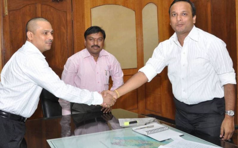 A Girija Shankar (left), who took over as the new Joint Collector, greeting Collector Lav Agarwal in Visakhapatnam