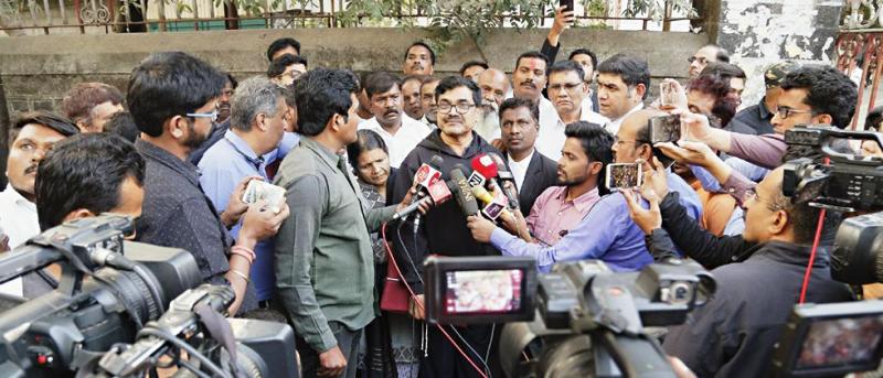 Anand Teltumbde interacting with media after his release by a Pune Court