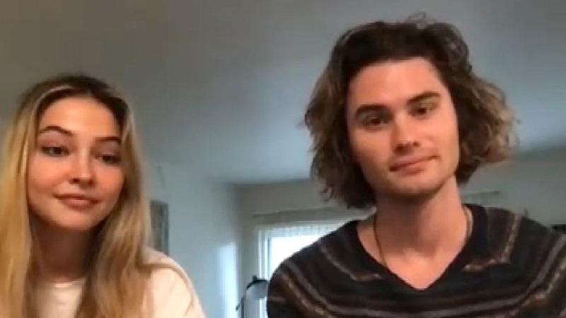 Chase Stokes and Madelyn Cline interacting with an Interviewer through a video call while in quarantine due to COVID-19 in LA