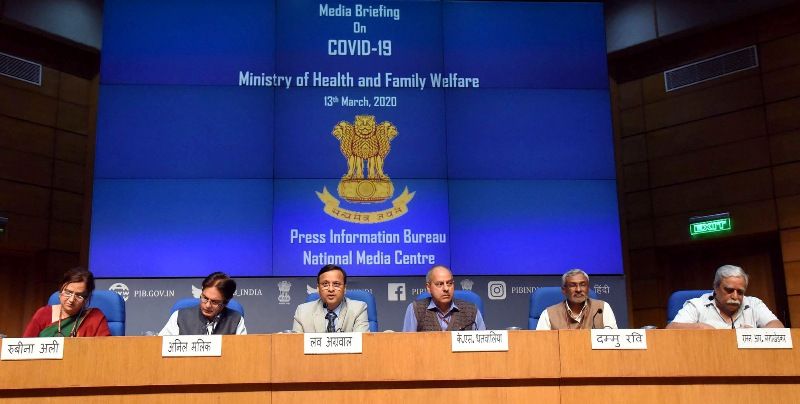 Dr Raman Gangakhedkar along with other government officials briefing about COVID-19 at the National Media Centre in Delhi