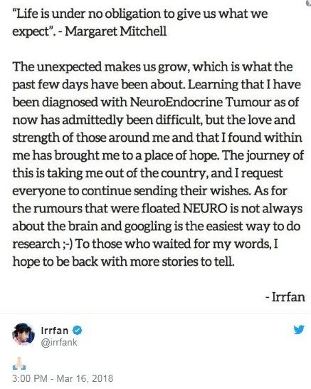 Irrfan Khan's Tweet About His Illness